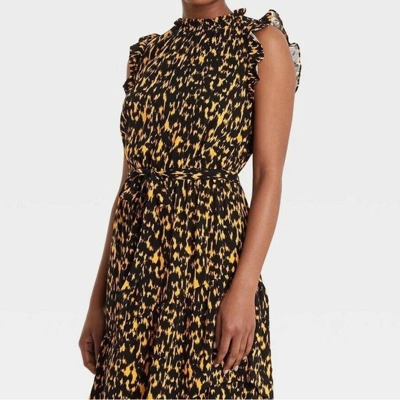 Who What Wear Textured Animal Print Ruffle Dress M 8 10 Black Gold Midi Vacation - Picture 2 of 16